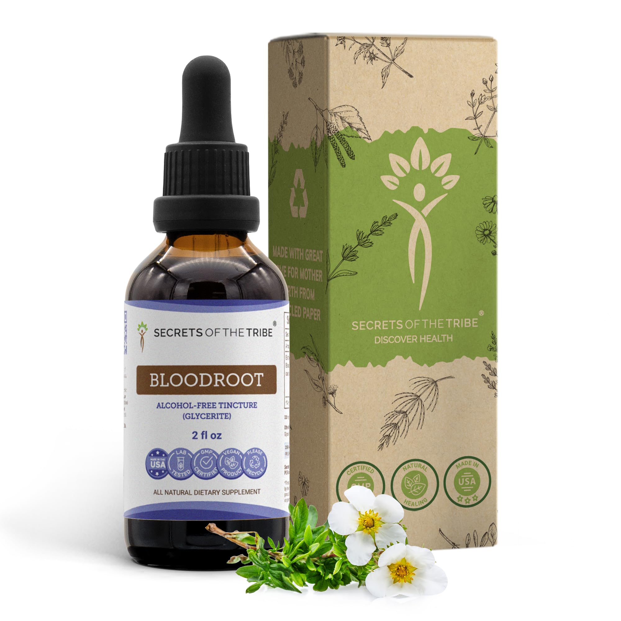 Secrets of the Tribe Bloodroot Tincture Alcohol-Free Extract, Responsibly farmed Bloodroot (Sanguinaria Canadensis) Dried Root Tincture Supplement (2 FL OZ)