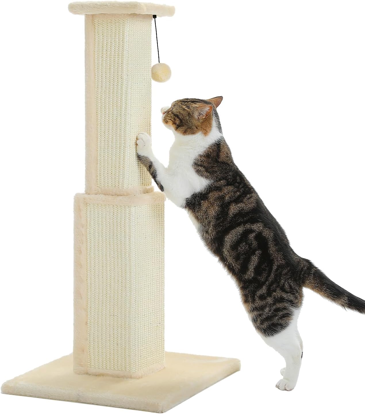 Large Cat Scratching Post 32” Tall Scratching Post for Indoor Cats Adults Ultimate Scratch Post with Woven Sisal, Large Base and Removable Dangling Ball- Beige