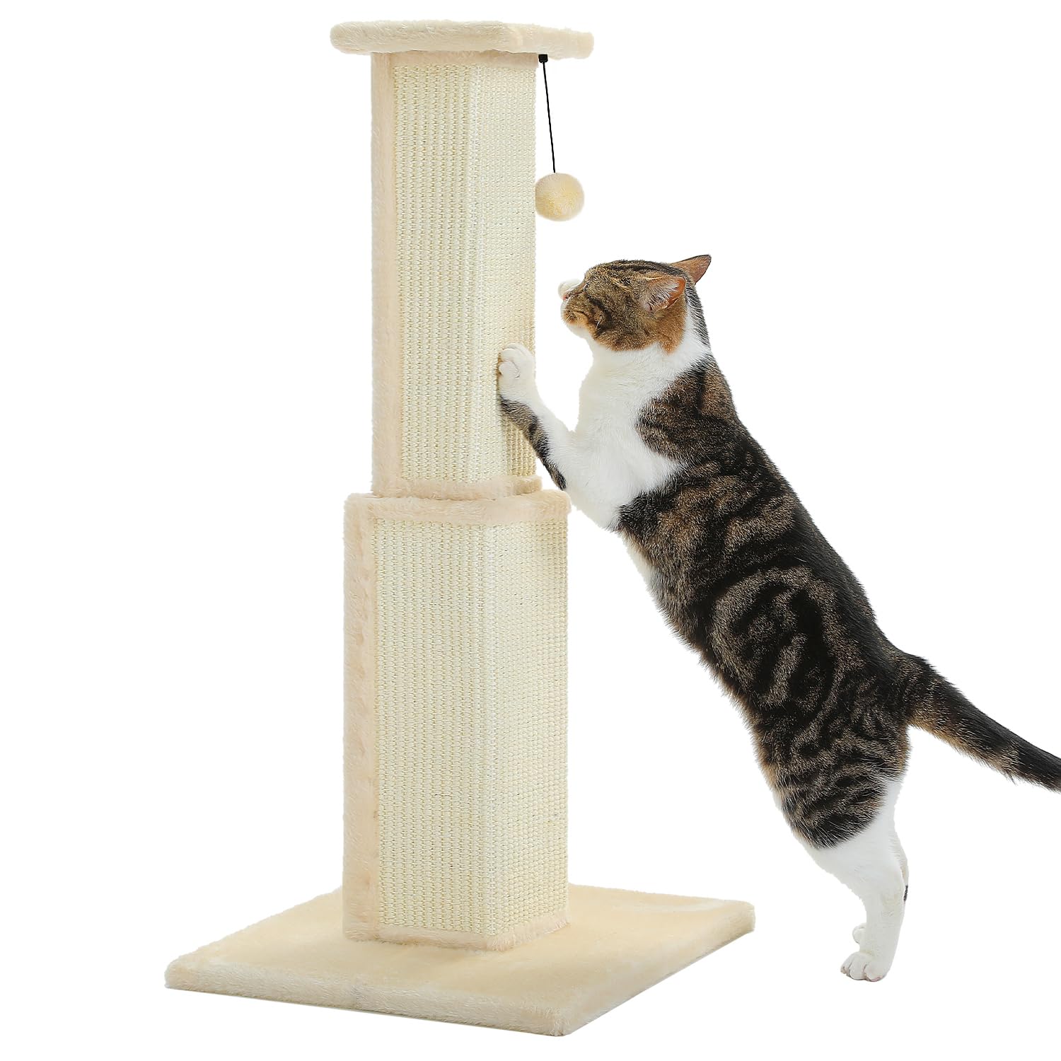 PAWZ Road Large Cat Scratching Post 32” Tall Scratching Post for Indoor Cats Adults Ultimate Scratch Post with Woven Sisal, Large Base and Removable Dangling Ball- Beige