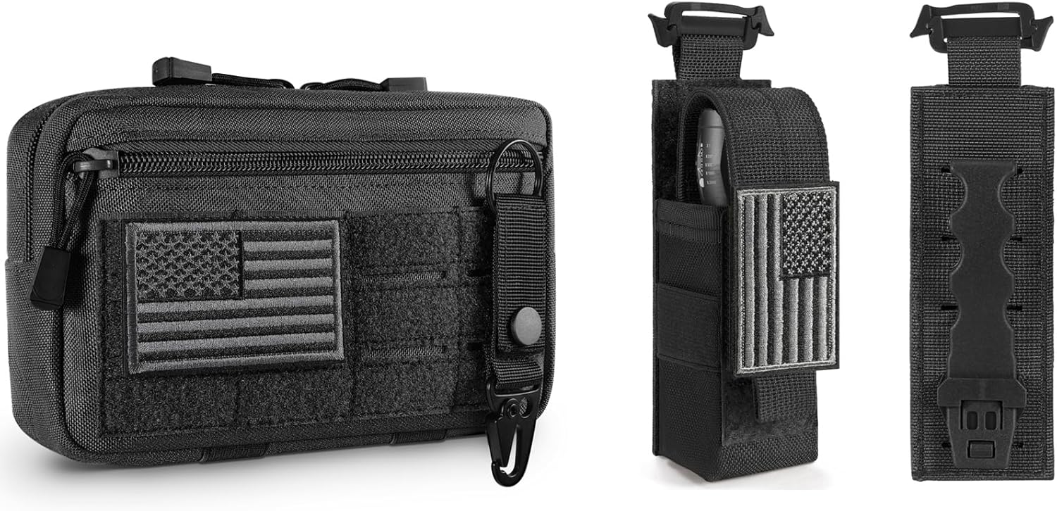 Tactical Admin Pouch with USA Flag Patch and Keychain & Molle Flashlight Holster Adjustable Flashlight Pouch Holder with Flashlight Patch and USA Flag Patch