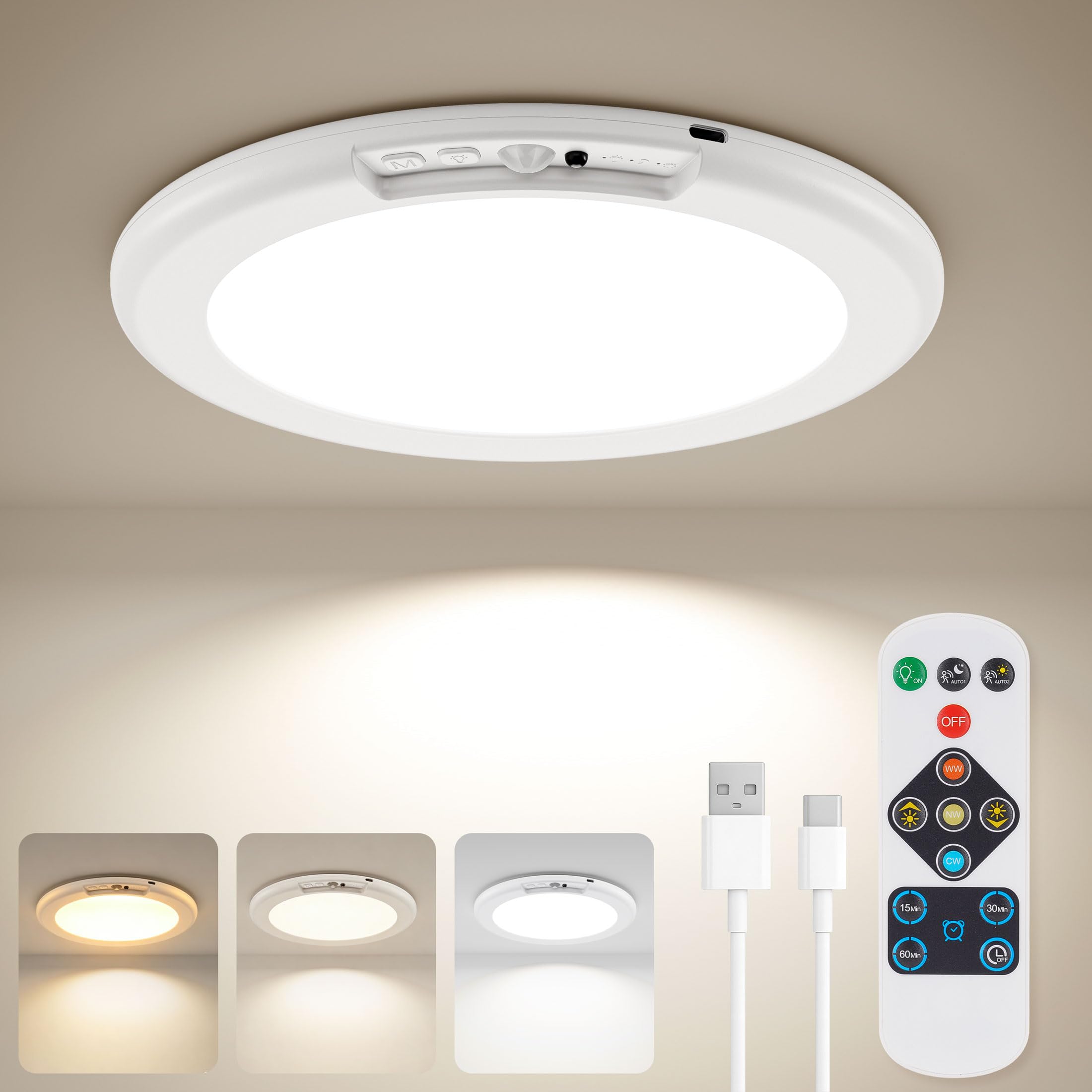 AEPTOZ Motion Sensor Ceiling Light, Rechargeable LED Light with Remote, 6000mAh Battery Operated Wireless Magnetic Mount for Kitchen Shed Loft Bathroom Porch Stairs Garage, 3 Colour & Dimmable Timer