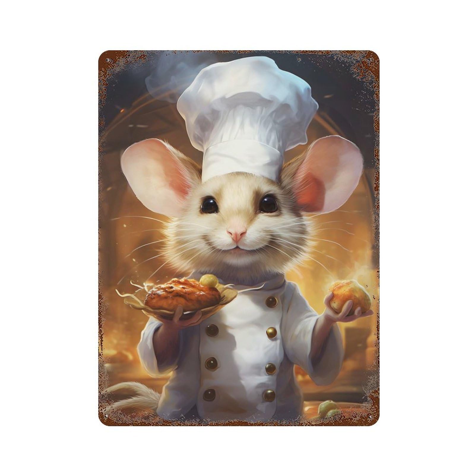 Cooking Mouse Chef Uniform Rusty Metal Tin Sign 15.7"x11.8", Farmhouse Wall Decor for Farmhouse, Kitchen And Entryway Decor