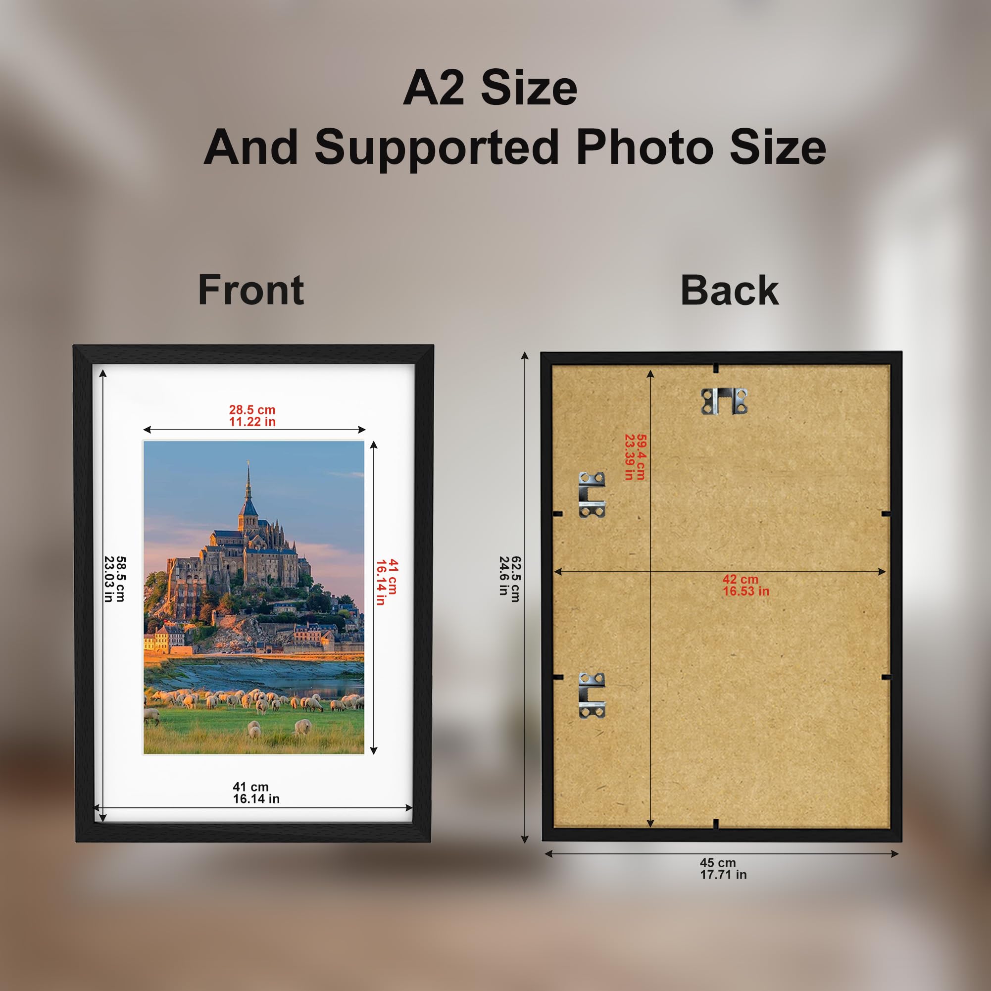 A2 Picture Frame, Black Wooden A2 Photo 42x59.4 cm with A3 Mount, Poster for Certificates and Artwork Wall Mount Horizontal or Vertical - Image 2