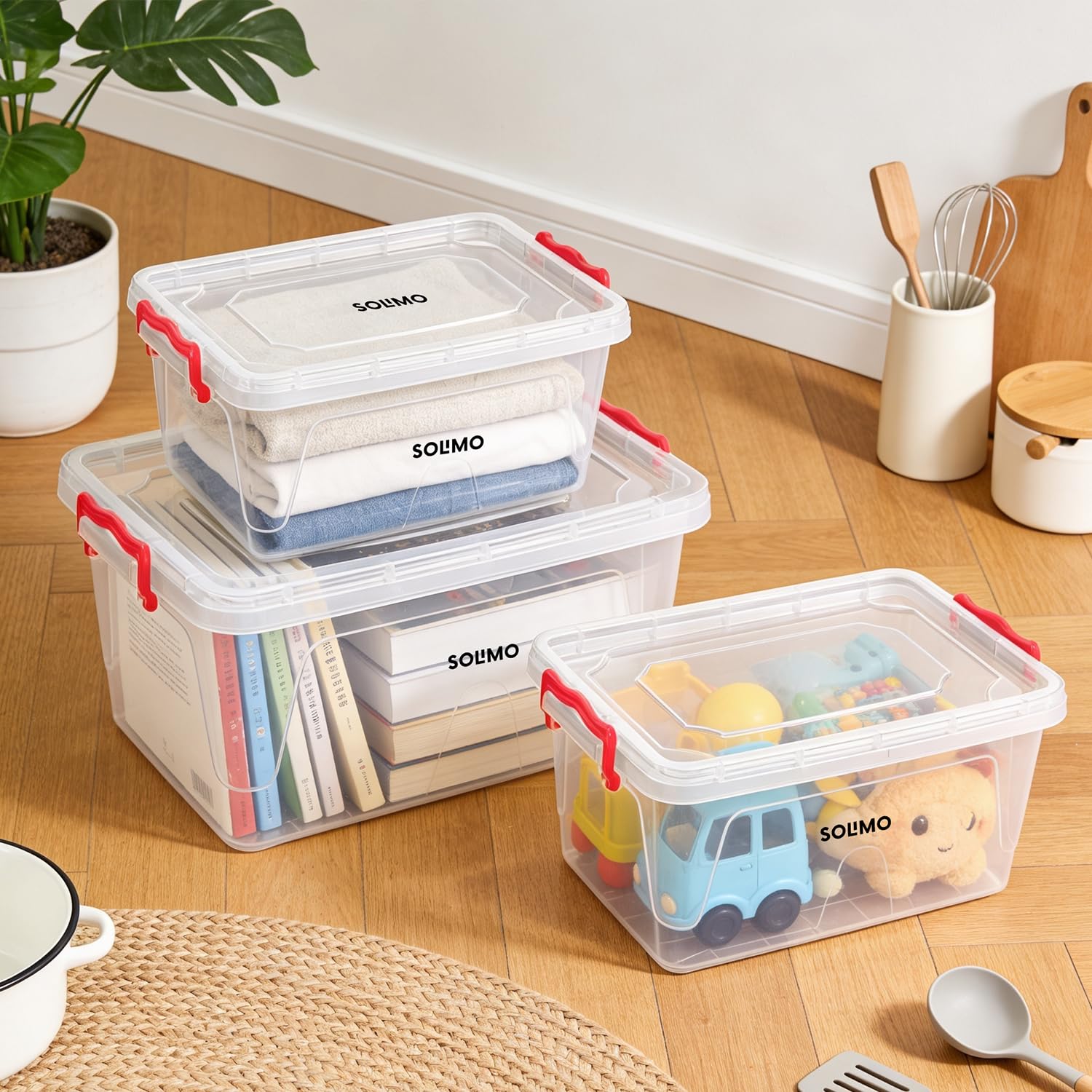 Amazon Brand - Solimo Multi Box (3 Pcs – 5L, 10L, 15L) Transparent Plastic Storage Containers with Locking Handles | Stackable & BPA-Free Organizer | Multipurpose Storage for Home, Office & Kitchen-image-45