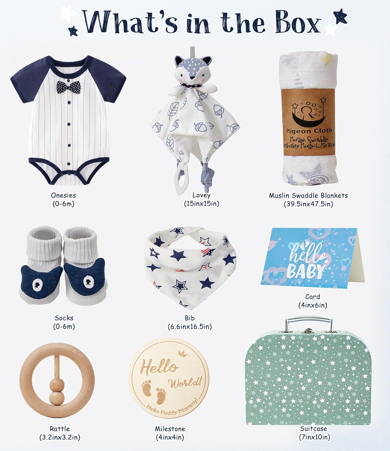 Golray Baby Boy Gifts for Baby Shower, 9pcs Newborn Essential with Fox Lovey/Blanket/Onesie/Wooden Rattle/Socks/Bib/Suitcase, Welcome Baby Gift Box Gender Reveal Infant Boy Gift Basket Set 0-6 Month