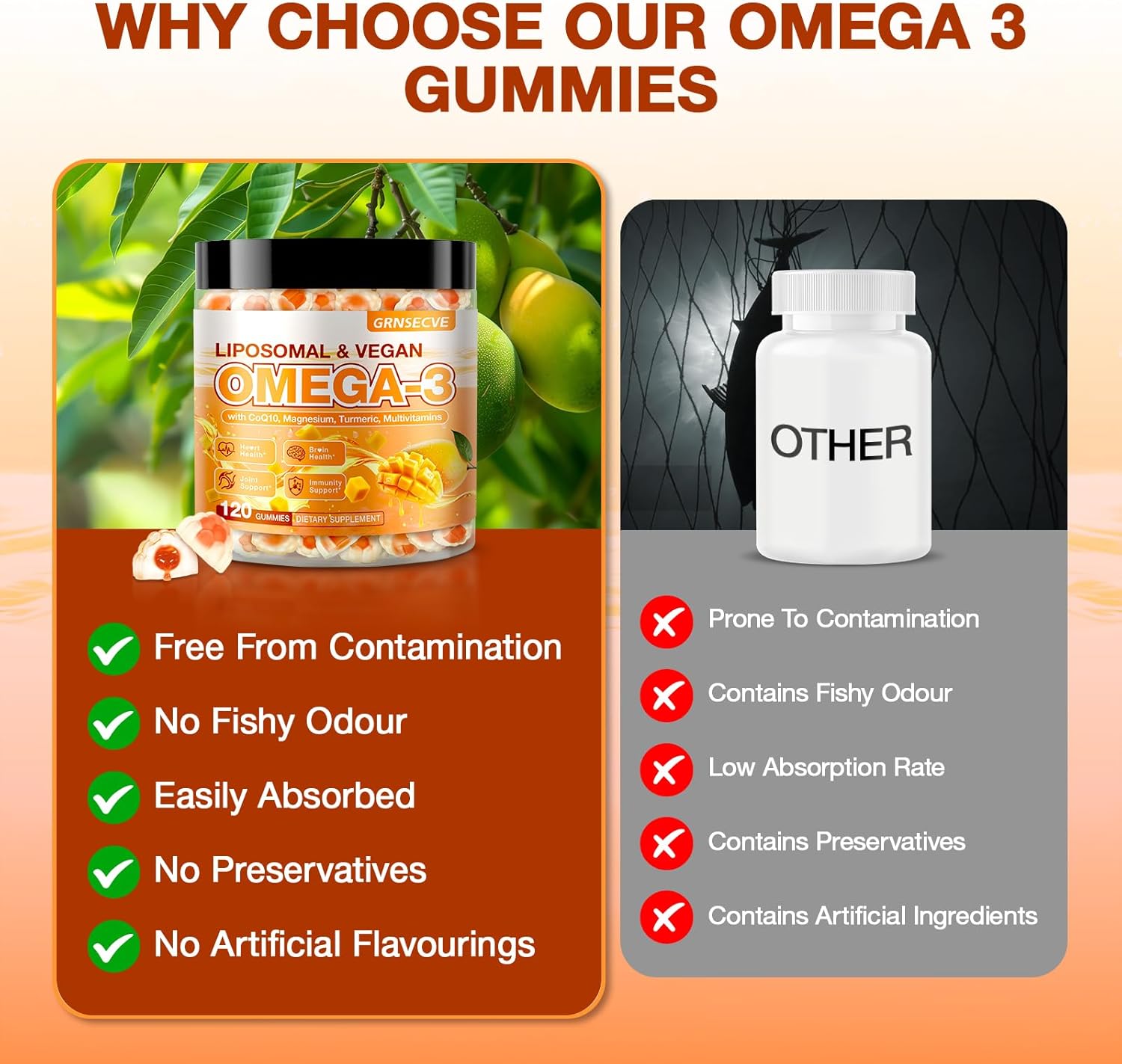 Vegan Omega-3 Gummies - Fish Oil Omega 3 Supplements Alternative for Adults - Algae DHA 600mg & EPA 400mg, Vitamin D3 K2 - No Fish Taste - for Brain, Eye, Immune Support - Sugar Free,120 Count