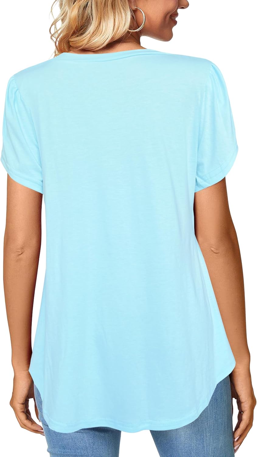 Afibi Womens Summer Crew Neck Loose Dressy Shirts Petal Short Sleeve Tunic Tops - Image 4