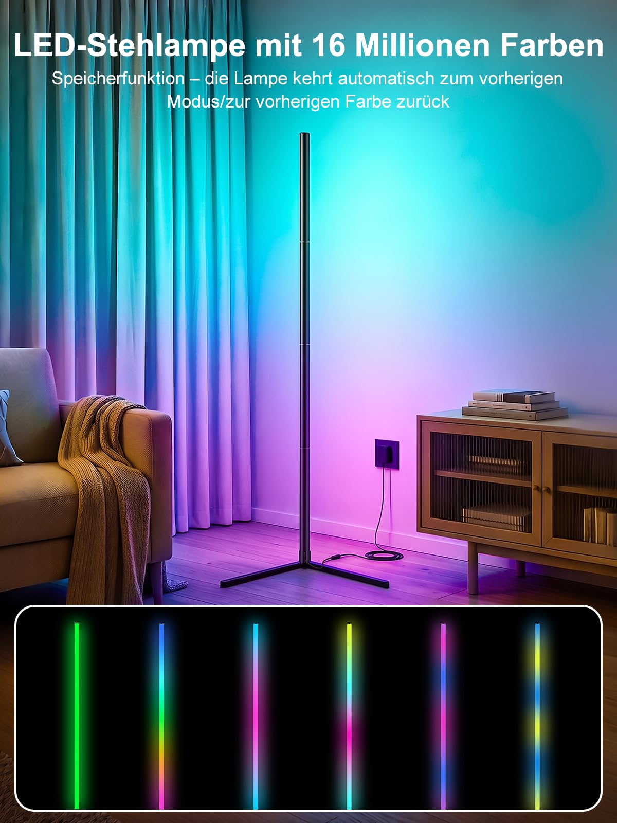 riyo 2400LM LED Stehlampe Wohnzimmer Dimmbar, 146cm RGBIC Ecklampe mit 168 LEDs, 16 Mio. Farben & 300+ Modi, Musik Sync, Smart Floor Lamp mit Fernbedienung & APP für Schlafzimmer Gaming Deko Schwarz