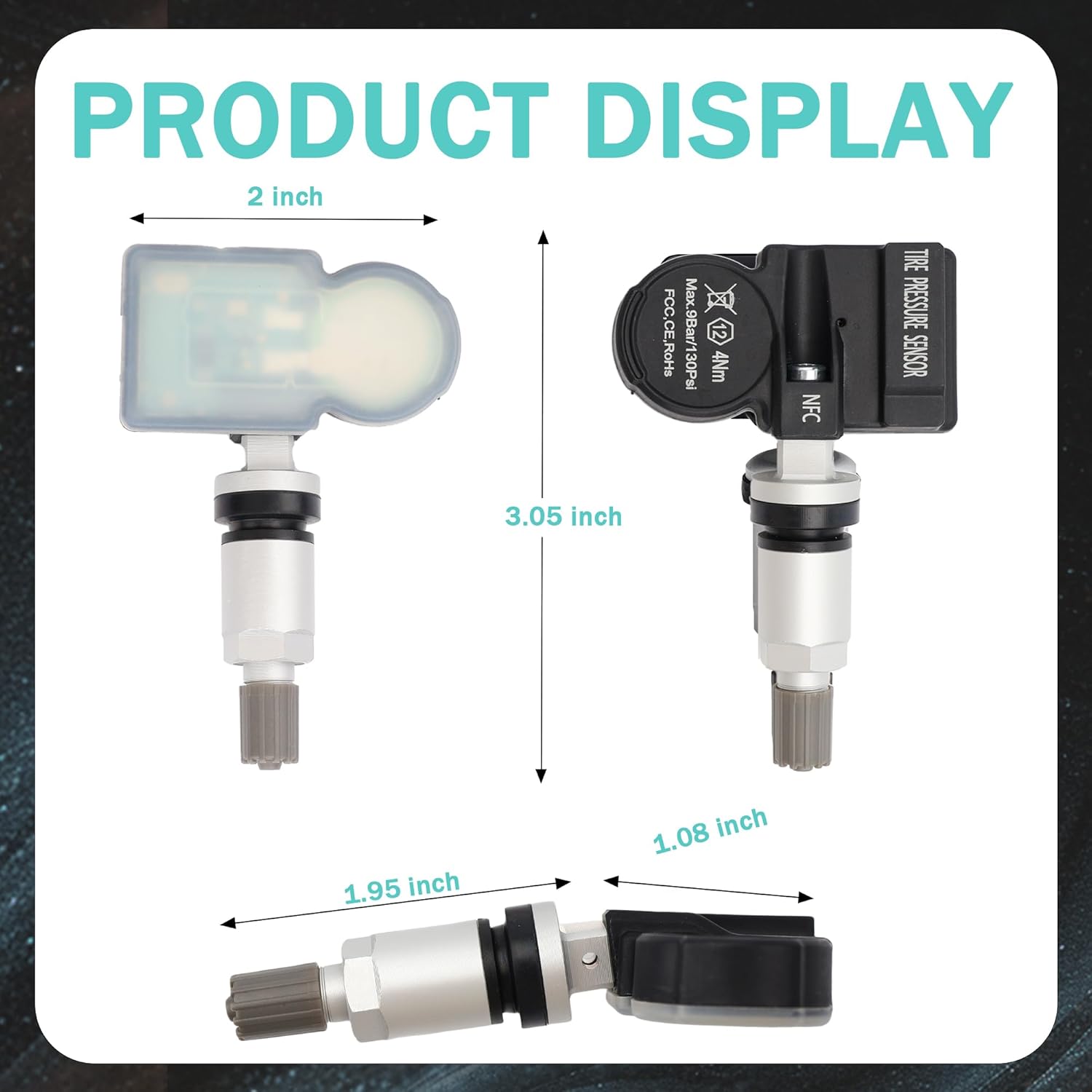 NFC Phone Programmable TPMS Sensor (1PC) 315MHz+433MHz 2-in-1 Universal TPMS Sensor Compatible with iOS and Android Replaceable Metal Valve Stem
