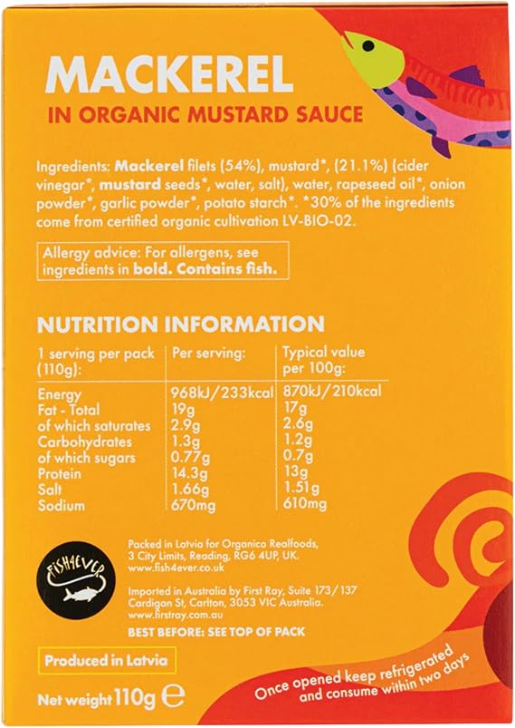 Fish4Ever | Mackerel in Organic Mustard Sauce – Sustainably Sourced, Ready-to-Eat Mackerel Fillets in Mild Mustard Sauce, High in Omega-3 | 110g (Pack of 2)