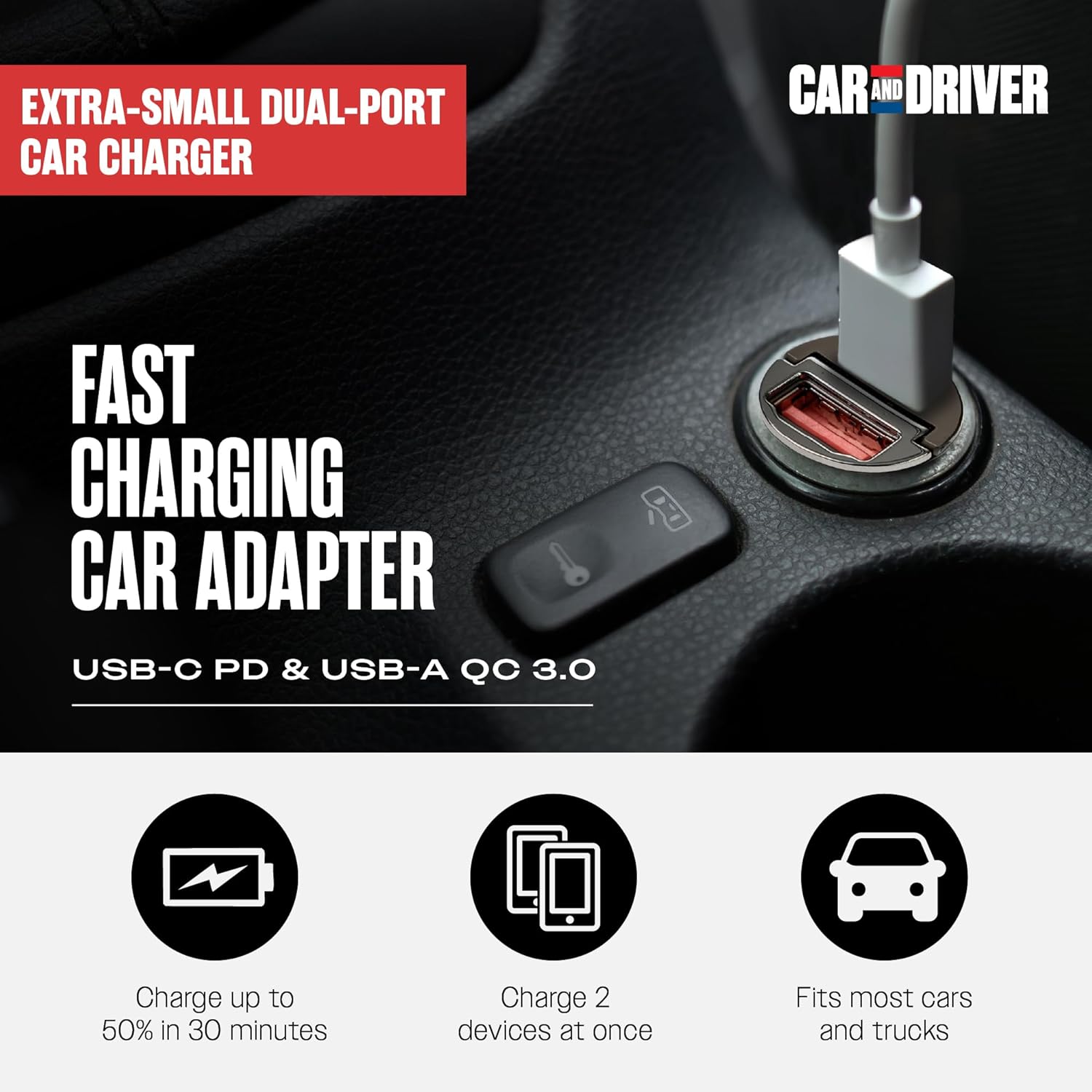 Car and Driver 30W USB-C Fast Car Charger, Dual Port Cigarette Lighter Adapter with USB-C & USB-A Fast Charging for iPhone 17/16/15/14/13, Samsung Galaxy S25/S24/S23, Android Phones, iPad
