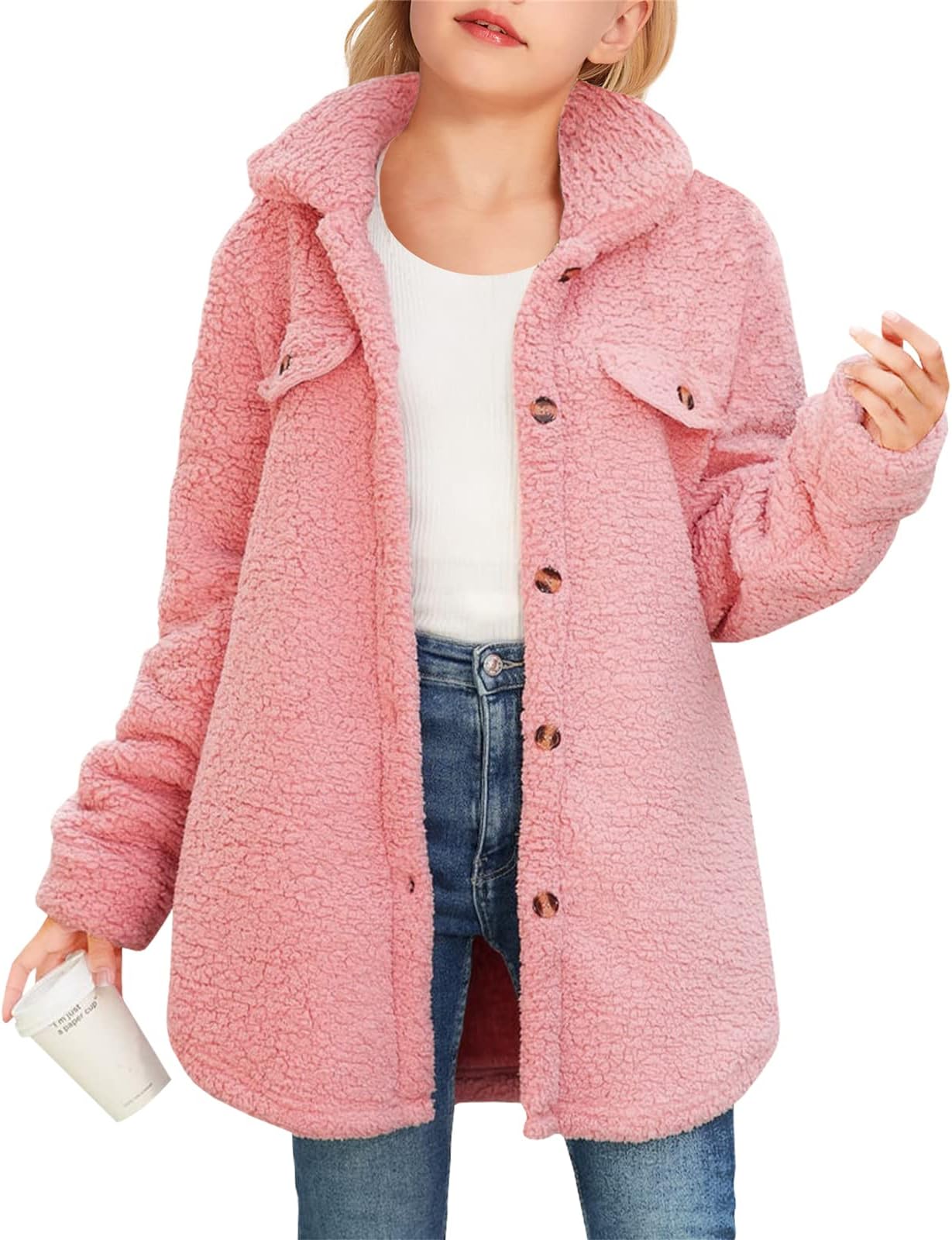 Girls Fuzzy Fleece Jacket Casual Button Down Sherpa Overcoat Faux Fur Jackets Outwear 4-15 Years