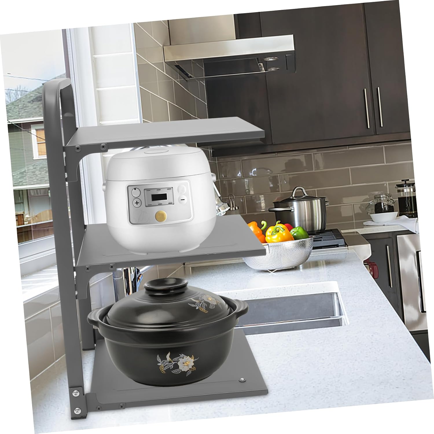 LABRIMP Foldable Carbon Steel Pot Organizer Rack Multi-function Pan Storage for Kitchen Cabinets Maximize Space under Sink Easy to Store for Cookware Utensils
