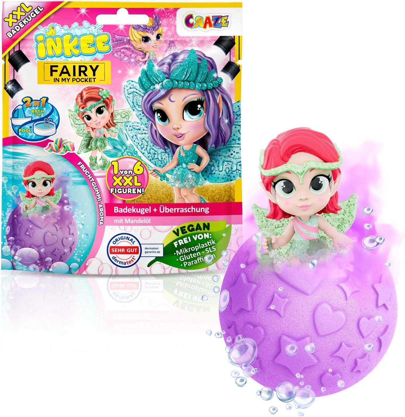 INKEE Surprise XXL Bomba do Kąpieli Fairy In My Pocket – Kule do Kąpieli dla Dzieci z Niespodzianką, Kula 180g z Figurką Wróżki do Kolekcjonowania – Aromat Żelków i Olejek z Nagietka – 1 Sztuka