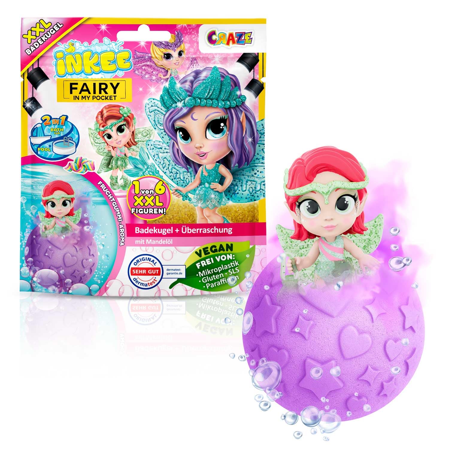 INKEE Surprise XXL Bath Bomb Fairy in My Pocket – Bath Bombs for Kids with Collectible Figure, Colour Changing Bath with Calendula Oil & Fruit Gummies Aroma, 180g