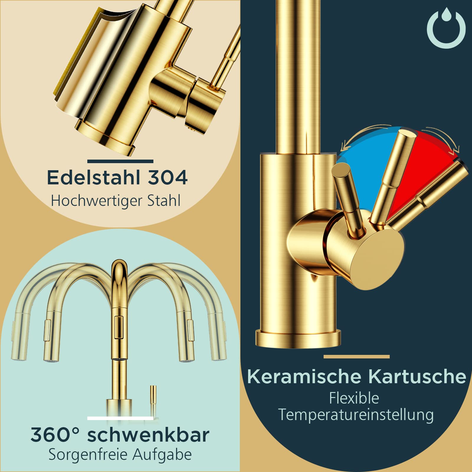 FORIOUS Wasserhahn Küche, Hoher Bogen Küchenarmatur mit Herausziehbarer Brause Ausziehbar Armatur, Mischbatterie Spültischarmatur Küche Küchenarmaturen, 360° Schwenkbar, Gebürstetes Gold