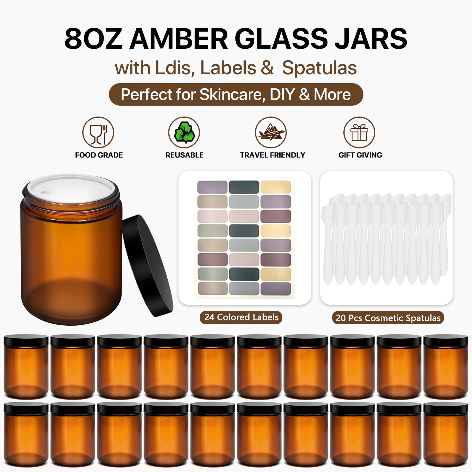 Bernsteinfarbene Glasdosen mit schwarzem Deckel, leere Kosmetikgläser mit 20 Spateln und 24 bunten Etiketten, 240 ml, große nachfüllbare Cremegläser für Hautpflege, Lotion, Kerzen, DIY und Reise-Set