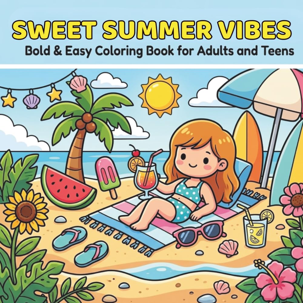 Sweet Summer Vibes: Bold and Easy Coloring Book for Adults and Teens: Simple and Fun Summer Coloring Pages for Calm and Relaxation