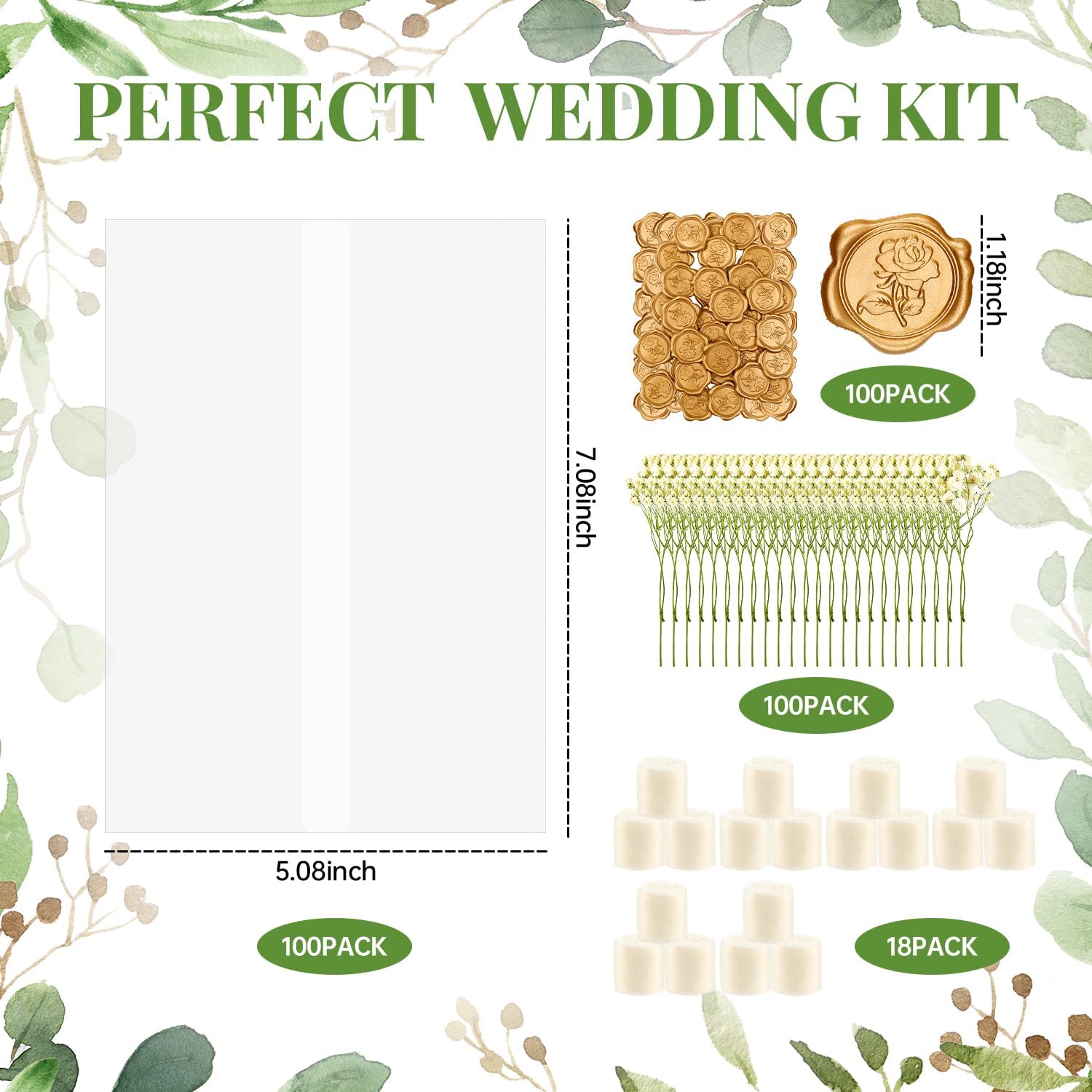 100Sets Wedding Invitations Wraps Set, Pre Folded Vellum Jackets for 5x7 Invitations with Self Adhesive Gold Wax Seal Stickers, Ribbon, White Dried Flowers, Wedding Invitation Kit for Bridal Craft DIY