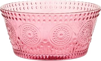 Boston International Vintage-Inspired Glass Serving Bowl with Embossed Floral Pattern for Salad Snacks Dinner, Small 4.75" x 2.25", Pink Codi