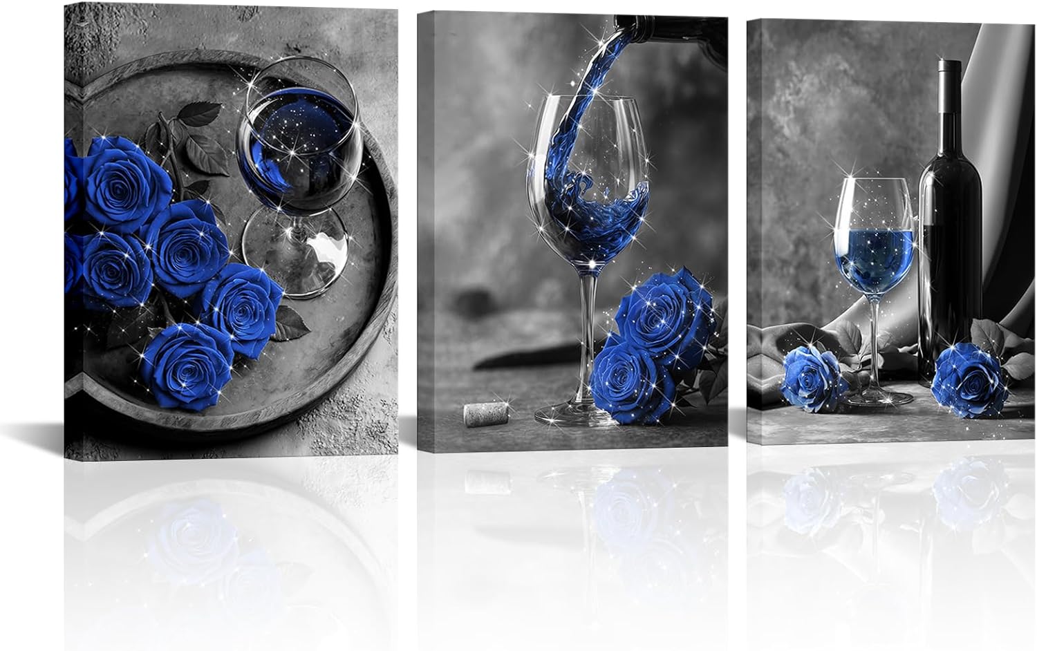 Visual Art Decor Kitchen Wall Art Rose Flower Wine Glass Painting Picture Poster for Dining Room Wall Decoration, Framed 12x16inchx3Pieces (Purple)