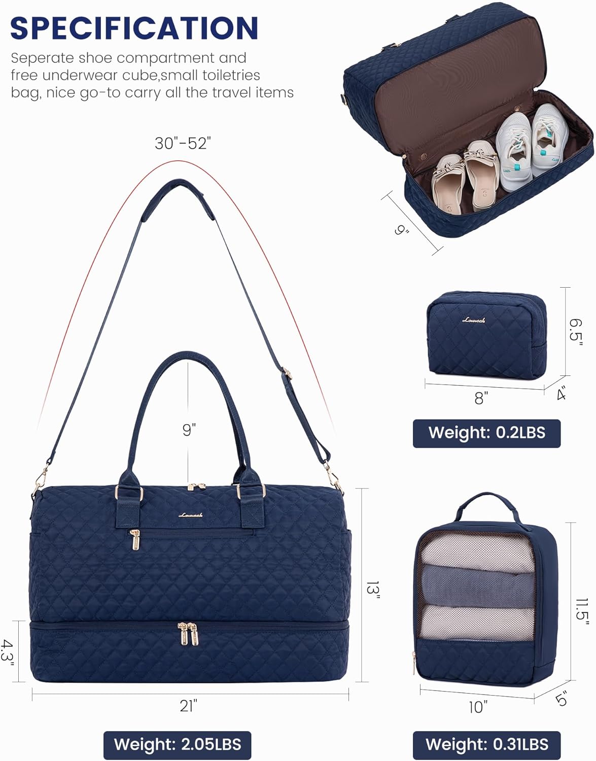 LOVEVOOK Travel Duffle Bag for Women, Weekender Overnight Bag with Shoe Compartment, Carry on Bag with Toiletry Bag, Gym Duffel Bag with Wet Pocket, Hospital Bags for Labor and Delivery 3 Pcs Set - Image 2