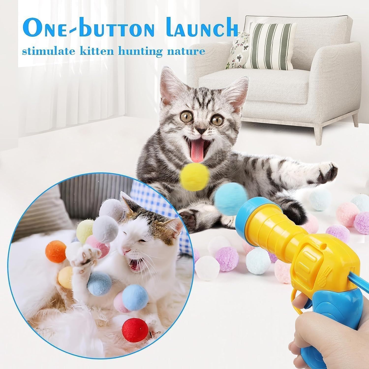 Cat Ball Launcher, Interactive Cat Toy Ball with 100 Soft Pom Pom Balls, Cat Toy Balls with Gun, Cat Felt Balls - Image 3