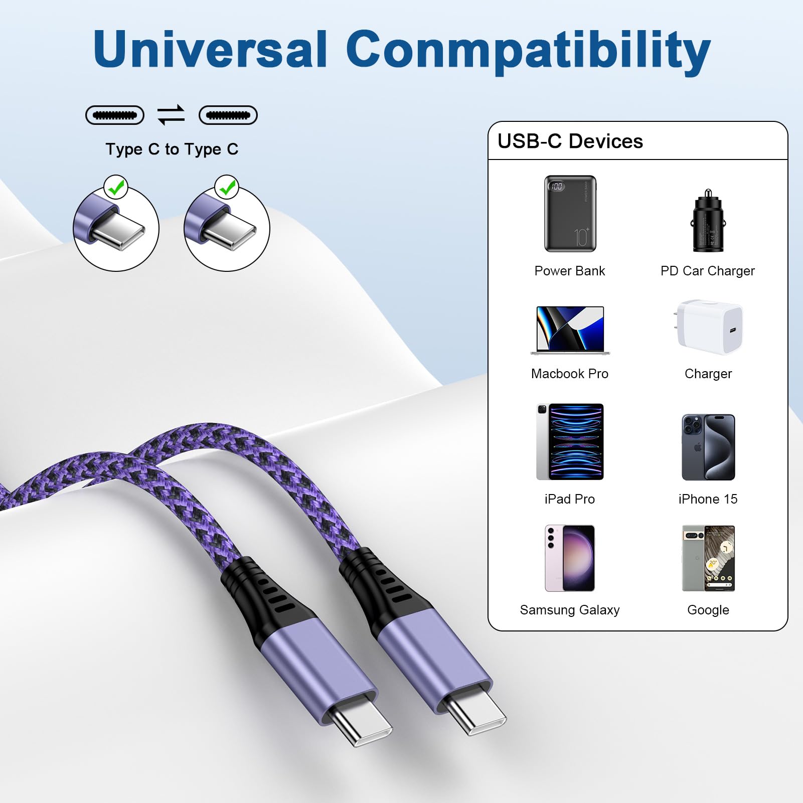 Cavo intrecciato da USB C a USB C, 60 W, lungo 3 m, ricarica rapida da tipo C a tipo C, cavo di ricarica per iPhone 16e/16 Pro Max/15/15 Pro/15 Plus/Samsung Gaxlaxy S25 Edge/S24/S23/S22/S20/A16/A56
