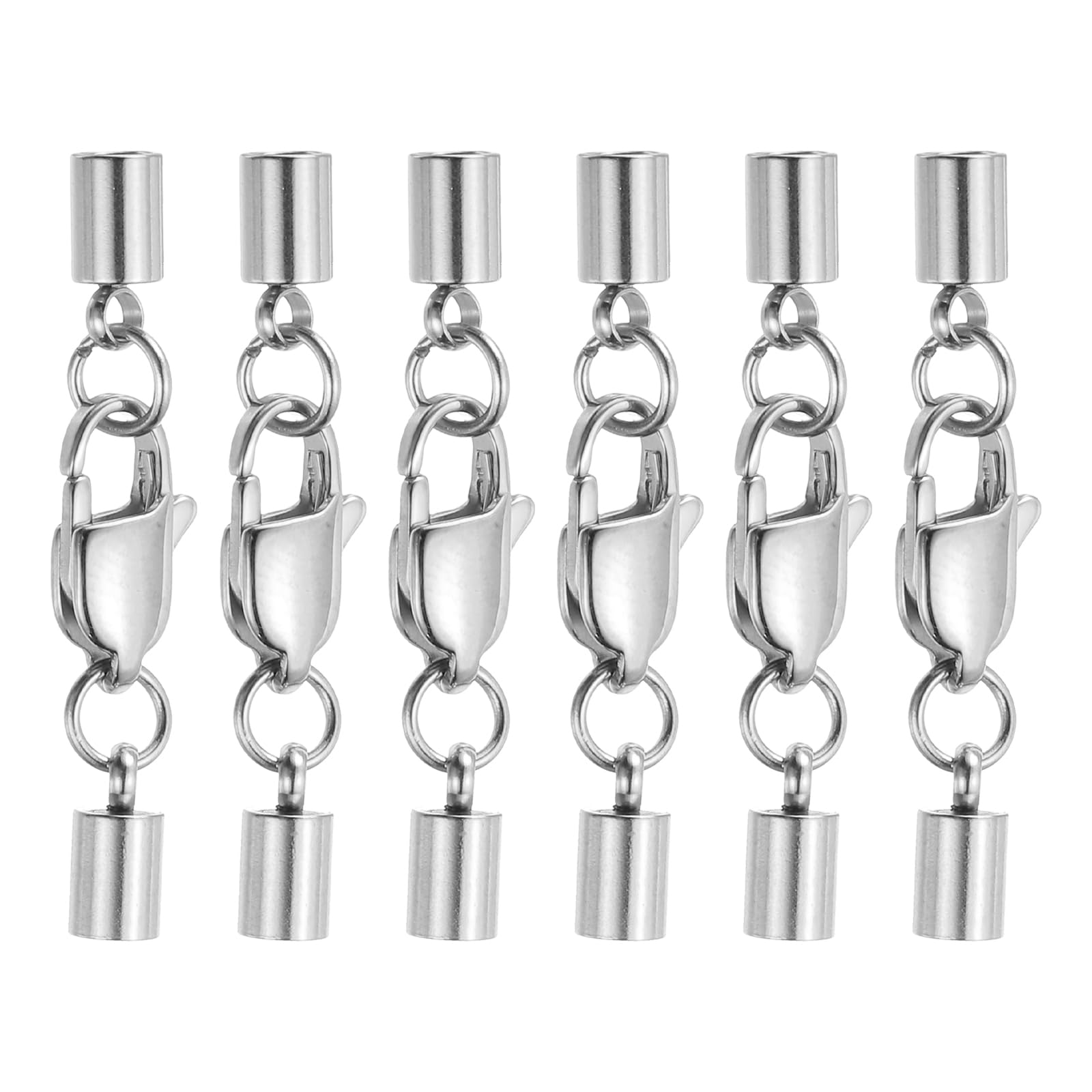 sourcing map 6Set 3mm Leather Cord End Caps with Lobster Claw Clasps Connector, Stainless Steel Cord Ends Barrel Terminators for Jewelry Making DIY Crafts Necklace Bracelets, Silver