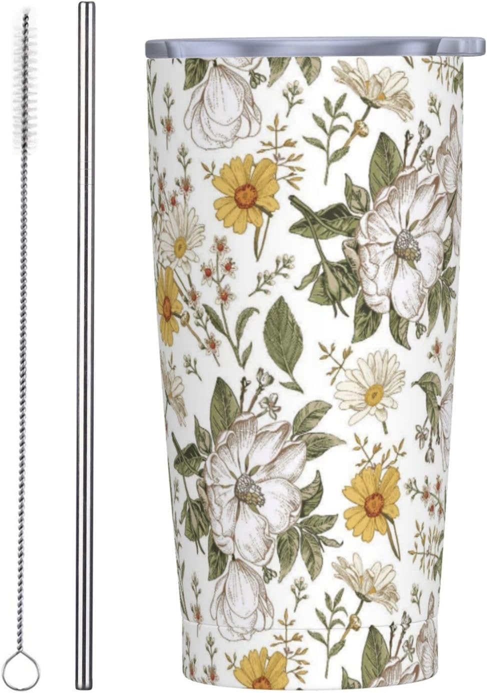 Spring Floral 20oz Insulated Tumbler White Yellow Chamomile Stainless Steel Tumbler Cups with Straw and Brush Vintage Wildflowers Pattern Coffee Thermal Mug for Outdoor Home Travel Office