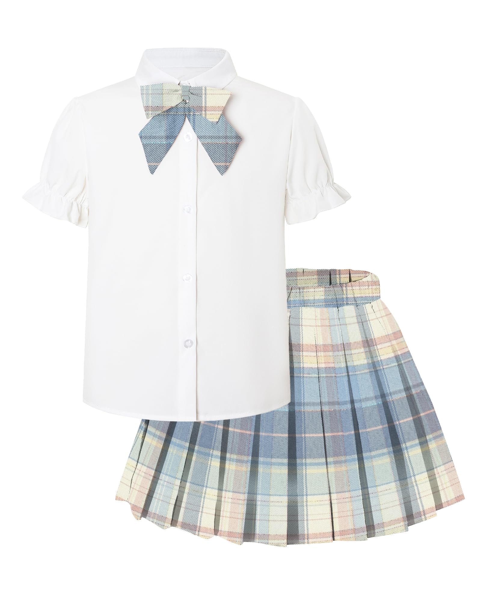 Betusline Girls JK Uniform Outfit, Shirt with Bow &amp; Pleated Skirt,4T-16Y