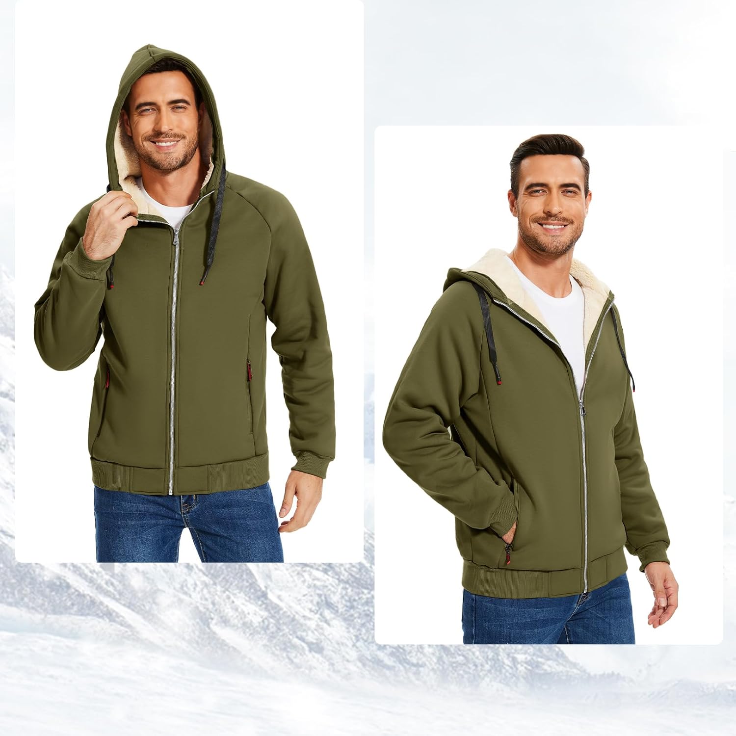 Flygo Sherpa Hoodies for Men Zip Up Winter Fleece Lined Hooded Sweatshirt Heavyweight Warm Jackets - Image 5