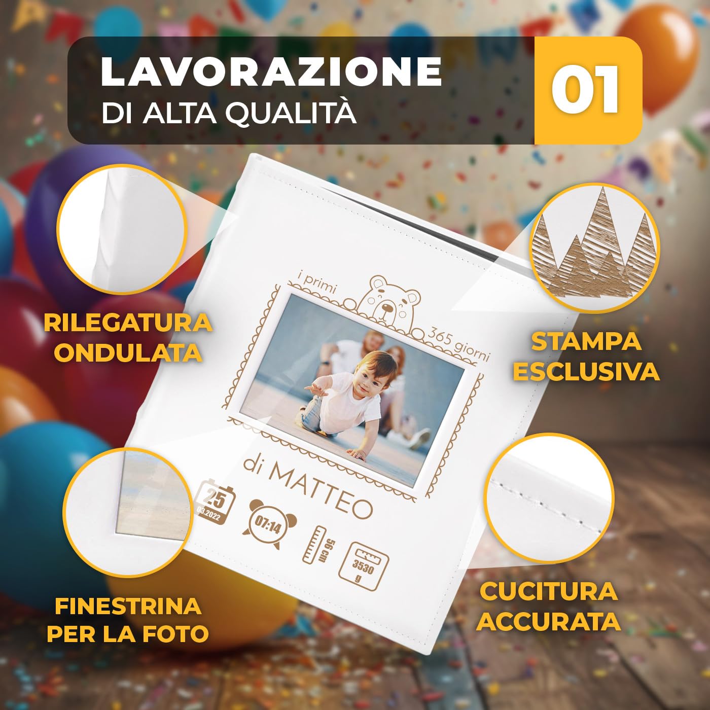 Maverton Album Foto, Copertina in Pelle Sintetica Bianca con Finestra | Personalizzazione con Stampa, 60 pagine nere, 240 foto 10x15 cm, idee regalo neonato, compleanno, Primi 365