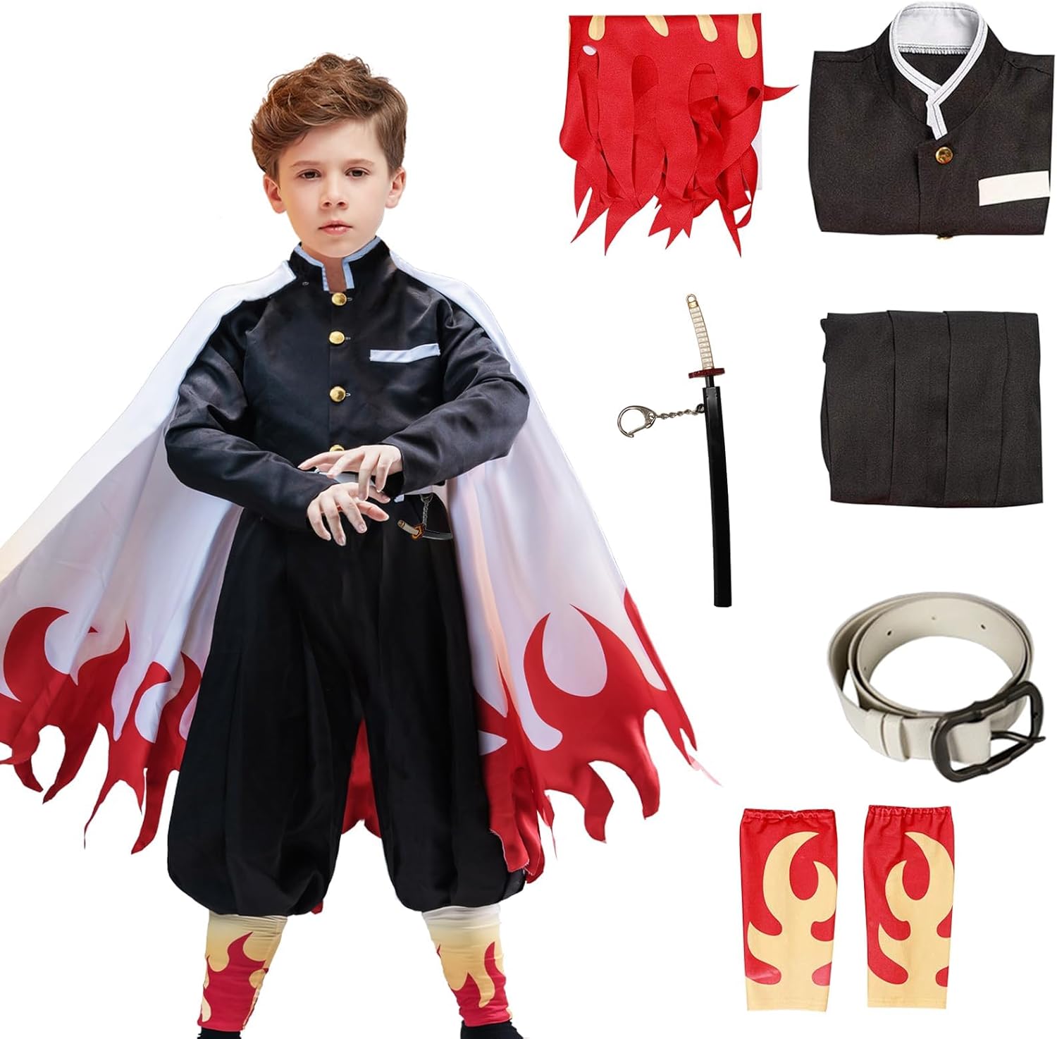 VZQI Rengoku Costume Kids Anime Cosplay Kimono Halloween Red Flame Cloak
