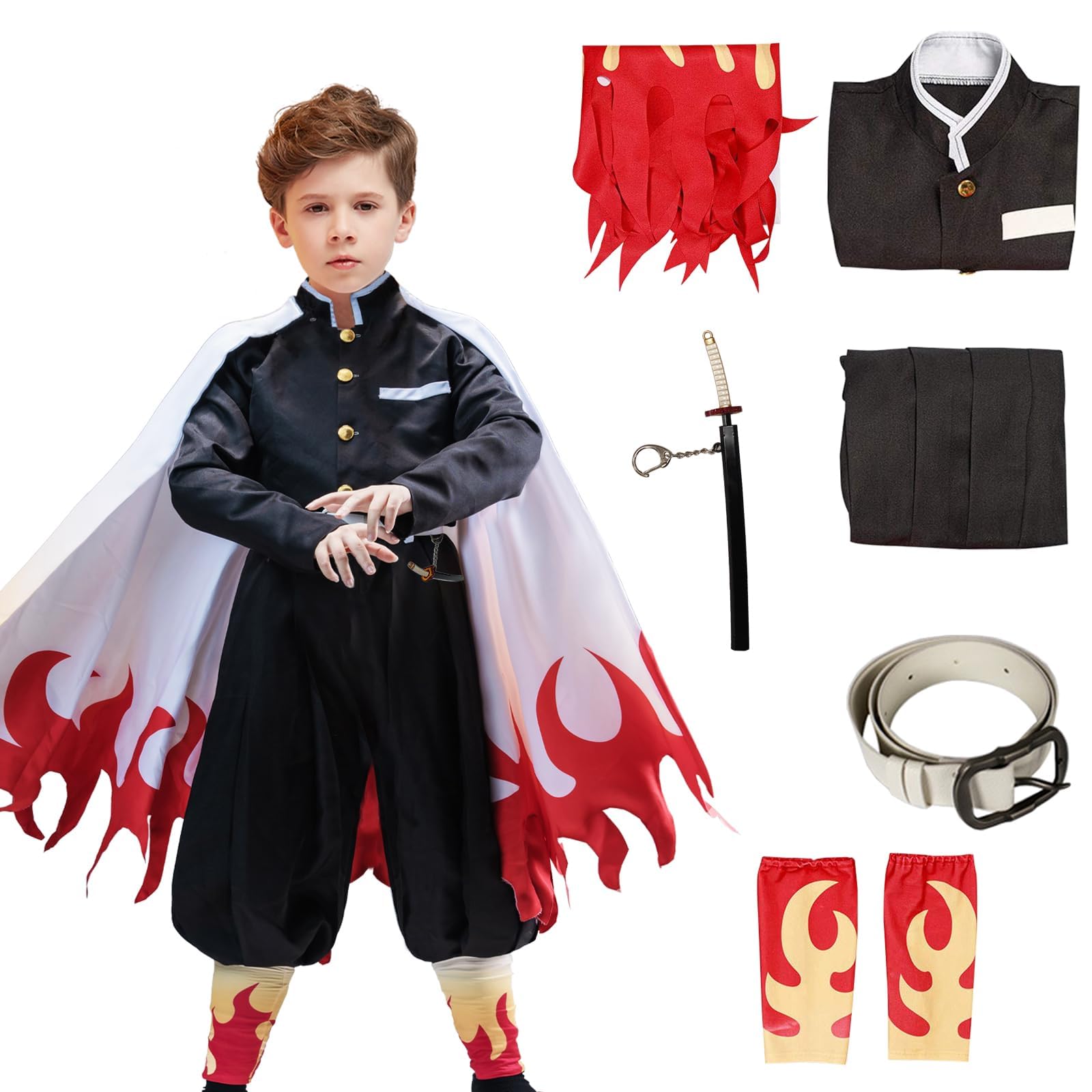Rengoku Costume Kids Anime Cosplay Kimono Halloween Red Flame Cloak