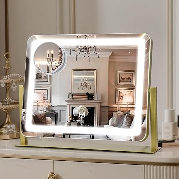 Vanity Mirror with Lights, 16"12.4" LED Makeup Mirror, Rounded Frame, 10X Magnification, Smart Touch with 3-Color Lighting, Dimmable, 360 Rotation, Lighted Up for Makeup Desk, Bedroom Gold