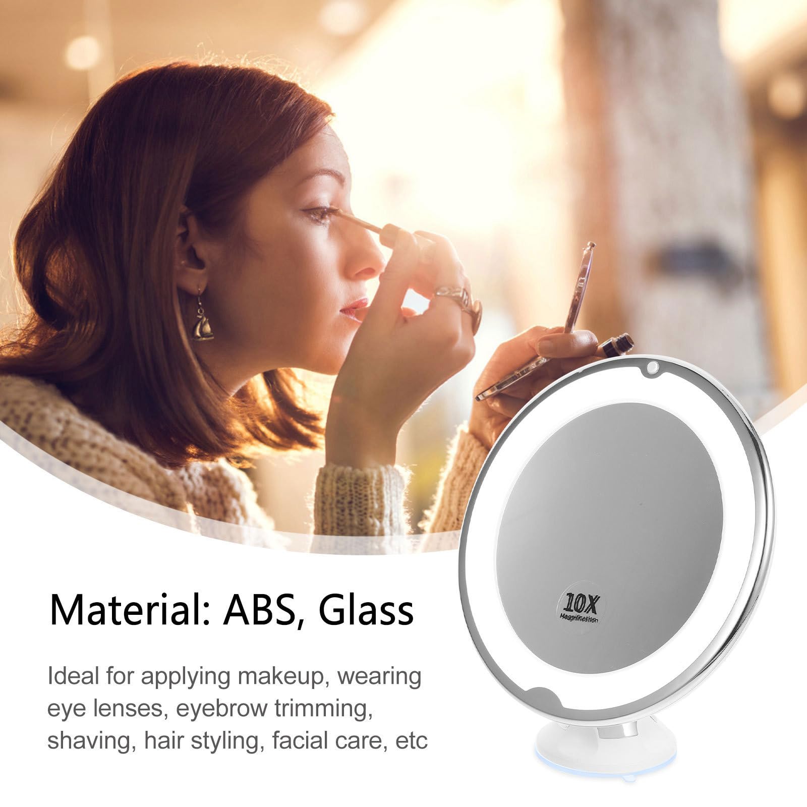 EXCEART Espejo Ventosa Luz LED Giratorio Aumento 10x de Maquillaje y Material Abs y Vidrio para Tocador y Baño
