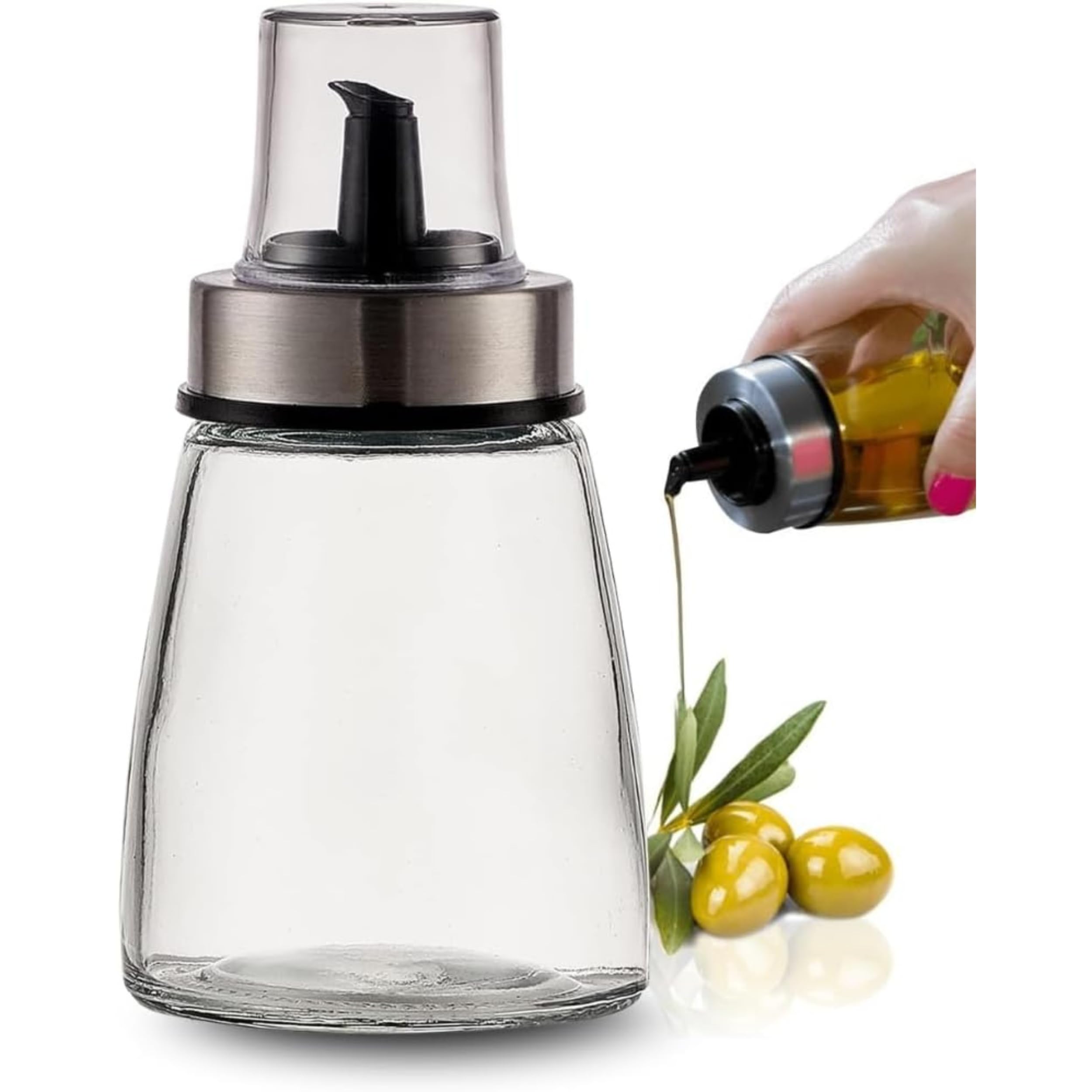 PARENCE.- Butelka oleju 200 ml z nakrętką do nalewania - Dozownik ze szkła i stali nierdzewnej - Pojemnik na olej, ocet, sos - 6,5x6,5x12,5 cm - Precyzyjne nalewanie bez kapania