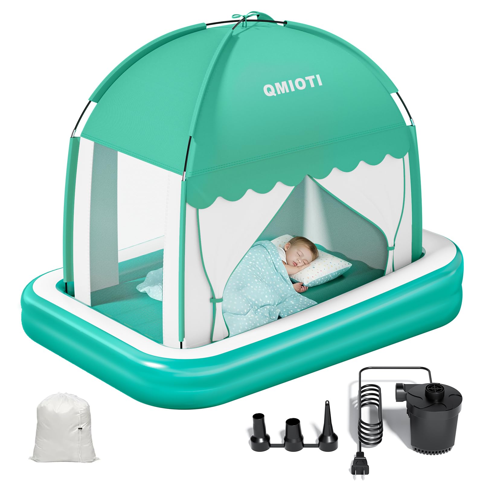 Aufblasbares Kleinkind-Reisebett mit Zelt, tragbares Reisekrippenzelt, Kinder-Luftmatratze mit Sicherheitsstoßstangen, elektrische Pumpe, ideal für Zuhause, Camping, Oma