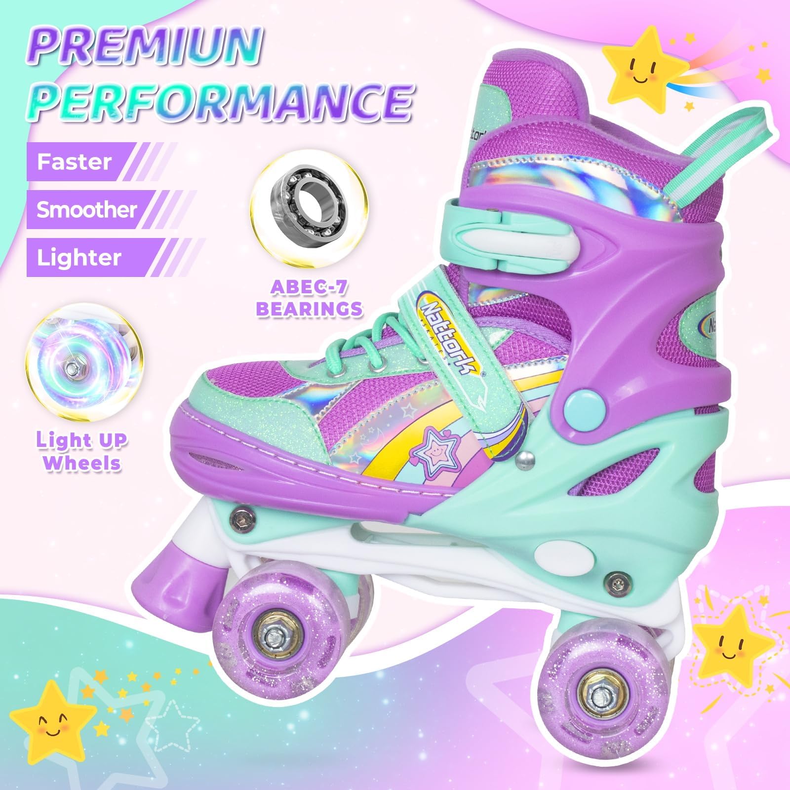 Nattork Patins à roulettes arc-en-ciel réglables sur 4 positions - Le meilleur cadeau d'anniversaire pour les sports de plein air