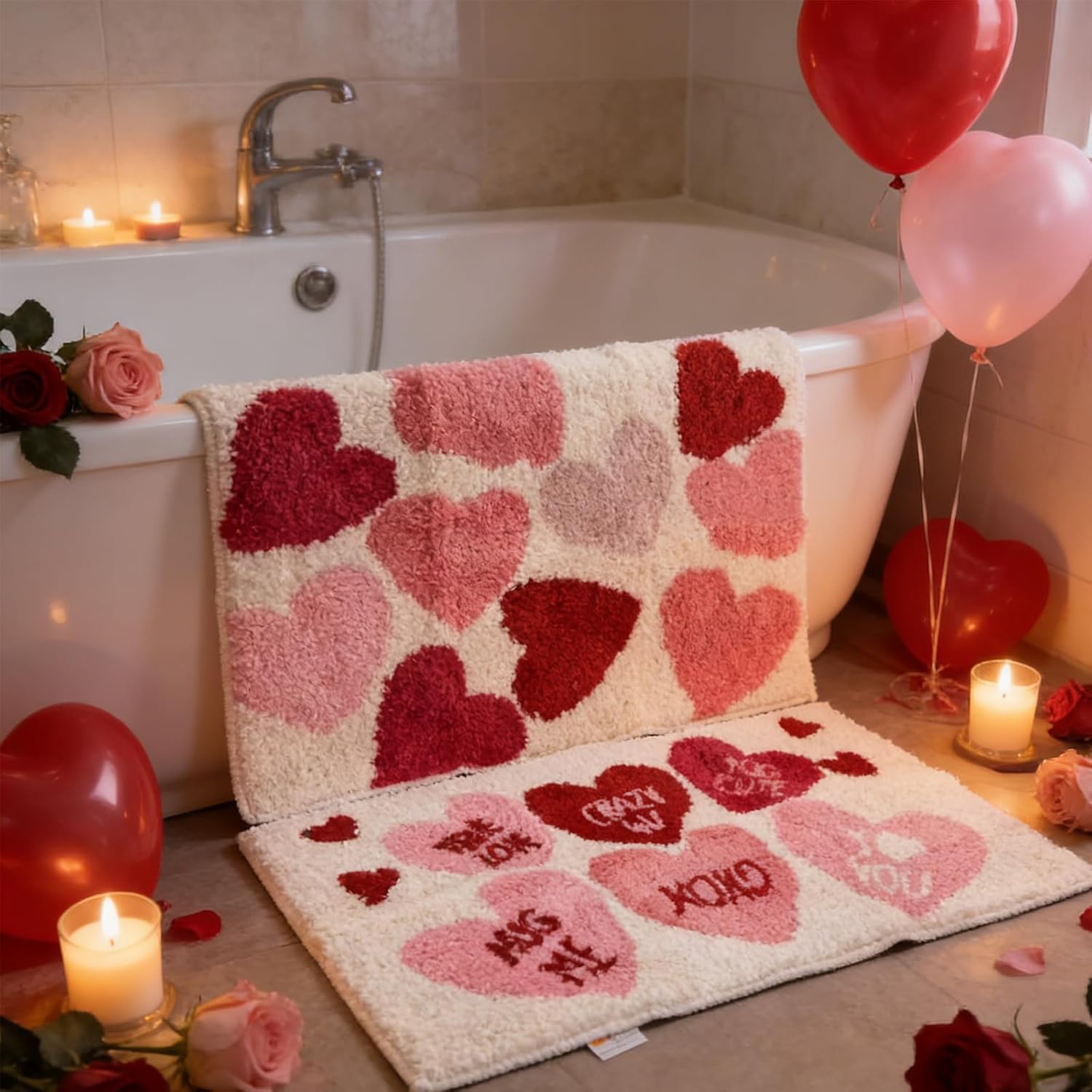 Tinideya 2 Pcs Valentine's Day Bathroom Rugs Conversation Heart Door Mat Valentines Bathroom Mats Pink Red Heart Rugs Non Slip Washable Bath Rug for Front Doors Kitchen Bedroom, 31.5 x 19.7 Inch