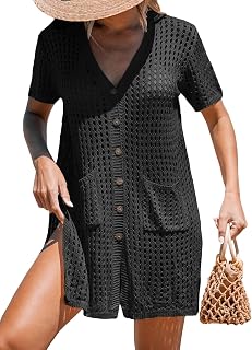CUPSHE Women's Button Down Short Sleeve Crochet Swim Cover Up with Pockets | CUPSHE Crochet Swim Cover Up for Women Short Sleeve Button Front Summer Beach Cover Up Dress with Pockets
