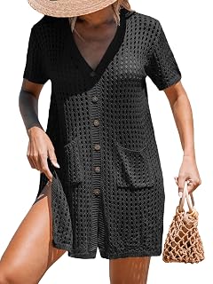 CUPSHE Crochet Swim Cover Up for Women Short Sleeve Button Front Summer Beach Cover Up Dress with Pockets