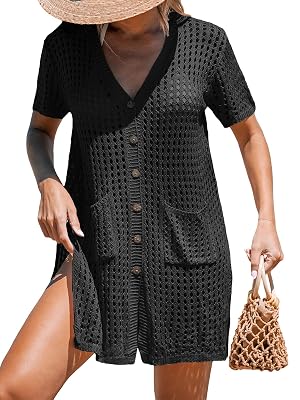 CUPSHE Crochet Swim Cover Up for Women Short Sleeve Button Front Summer Beach Cover Up Dress with Pockets