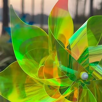 Hausse 10 Pack Reflective Pinwheels Wind Spinner, Extra Sparkly Pinwheel with Stakes, Bird Repellent Blinder Devices Deterrent to Scare Birds Away from Yard Patio Farm Garden, Transparent Yellow