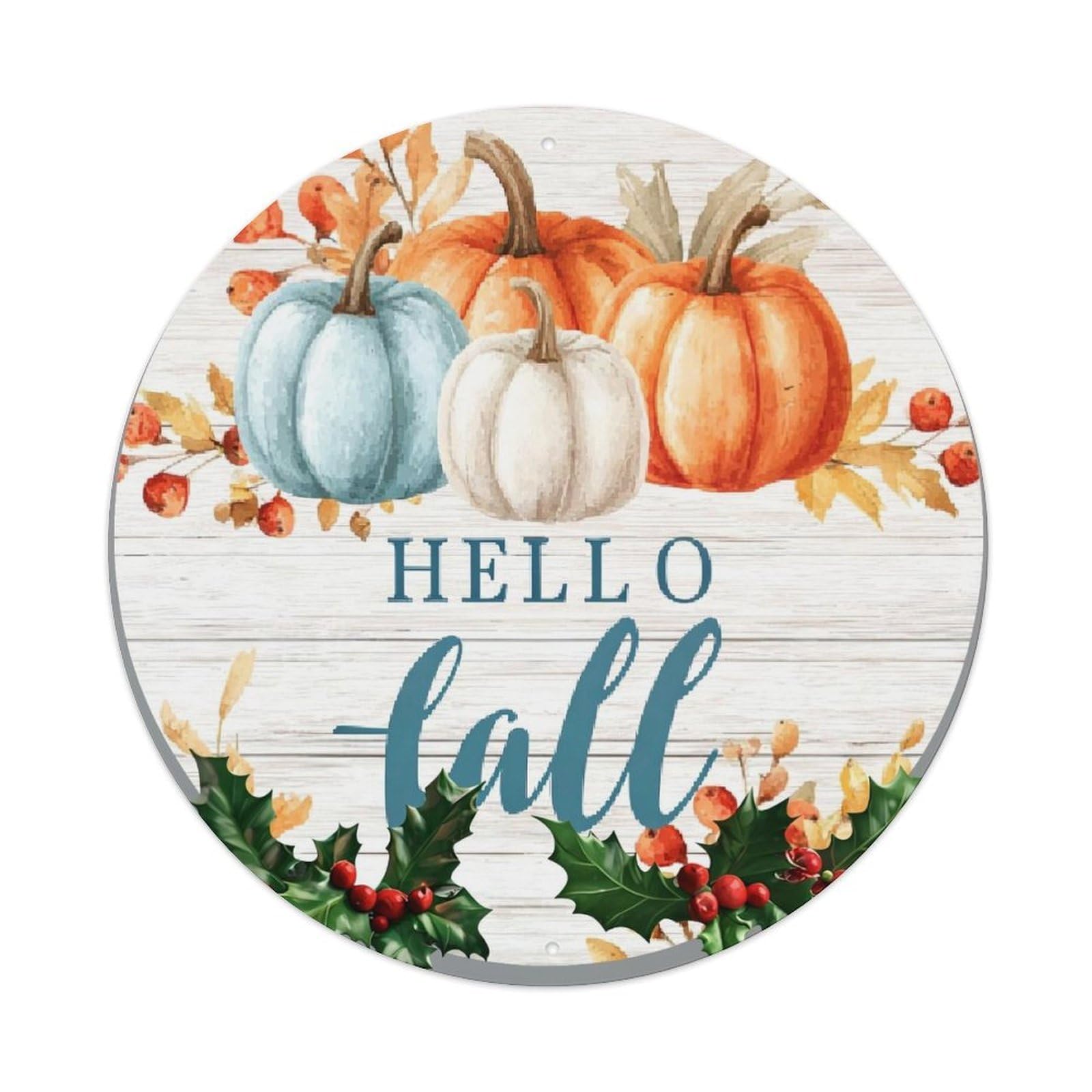 Pumpkin Leaves Berries Holly Autumn Round Tin Sign Vintage Metal Sign Home Bar Garden Indoor & Outdoor Wall Decor Retro Metal Poster 8x8 Inch