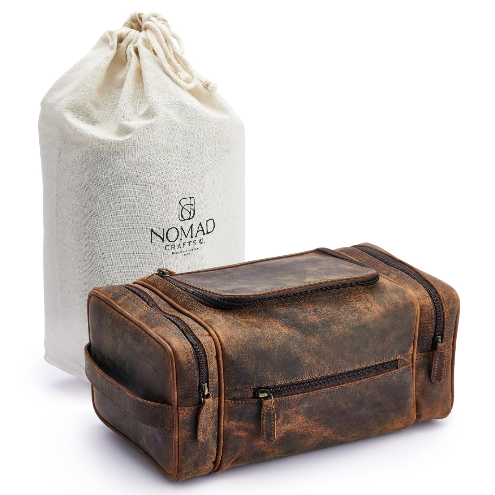 NomadCraftsCo. Neceser de cuero para hombres y mujeres, bolsa de viaje de cuero de primera calidad, kit de viaje para viajes, bolsa, organizador de bolsas grandes para hombre, Marrón vintage, Extra