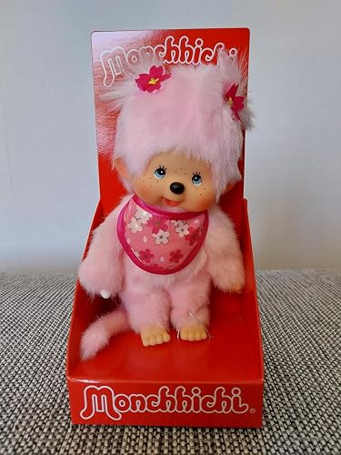 Sekiguchi 242467 - Original Monchhichi Fille Fleur de Cerisier, en Peluche Rose, avec Bavoir et Tresse avec Fleurs, Porte-clés, env. 10 cm