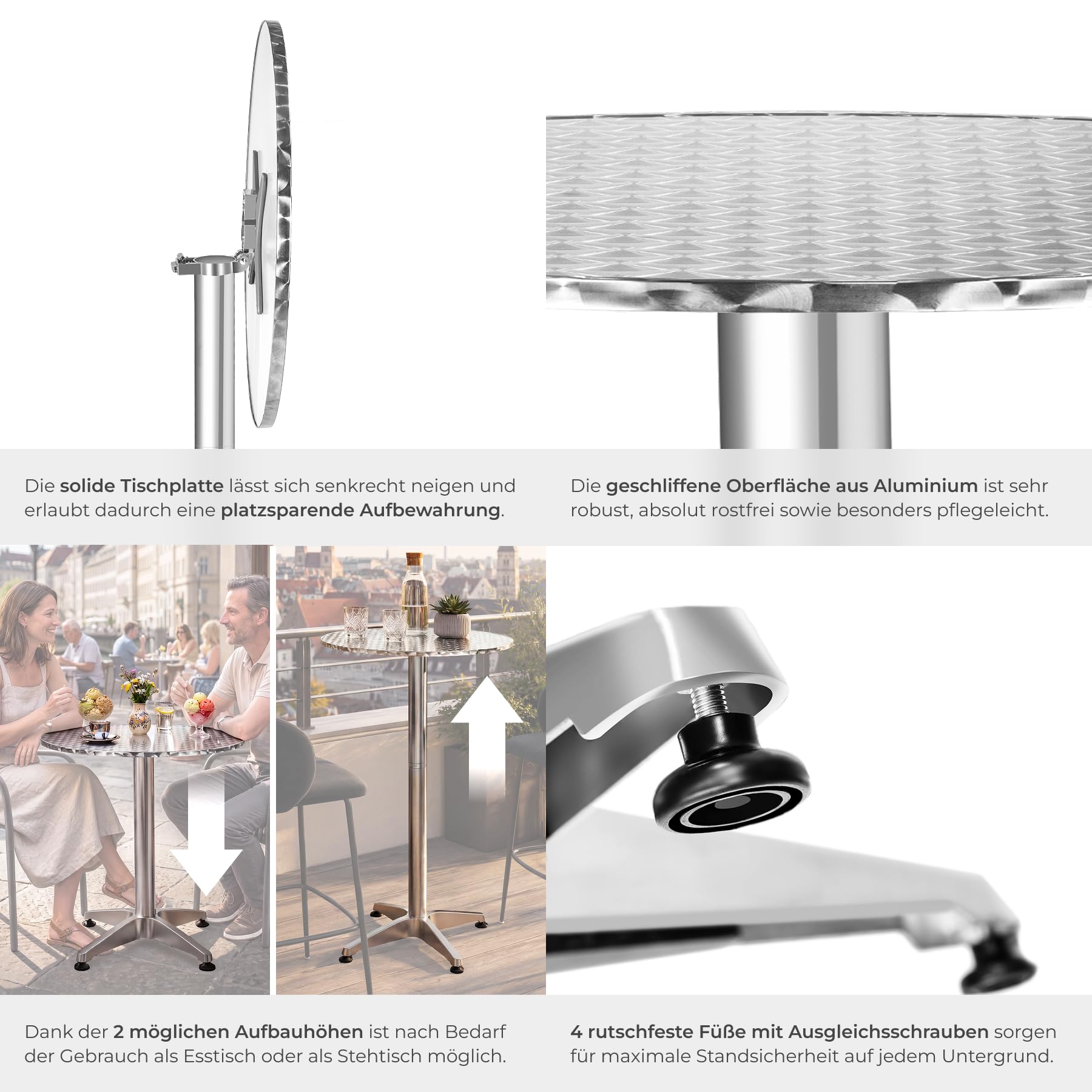 tectake® Aluminium-Bistrotisch klappbar, 2in1, höhenverstellbar, Ø 60