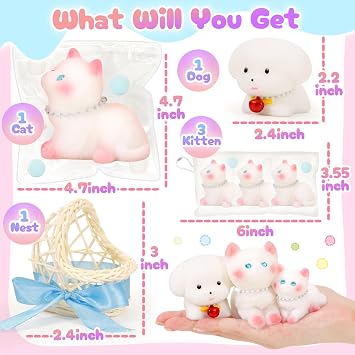 NINAOR Squishy Fidget Toys Squeeze Soft Cat Dog for Stress Relief Cute Stuff Sensory Toys 5Pcs, Stocking Stuffers Pinata for Kids Party Favors Treasure Box Desk Toys for Classroom Anxiety Travel Gifts